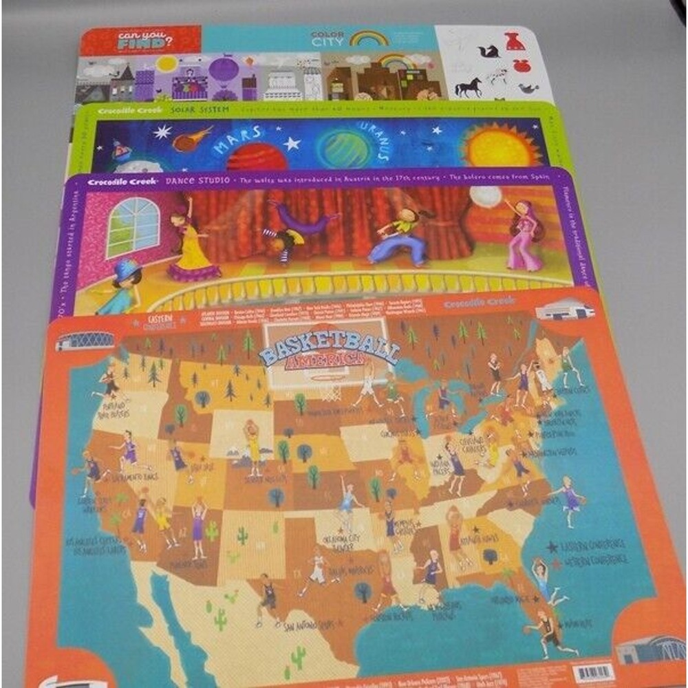 4 Crocodile Creek Homeschool Placemats 17x11 Education Dance Planets Basketball